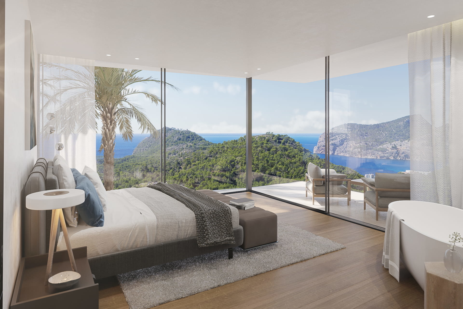 Innovadora villa con vistas al mar, piscina y jardín en Peguera